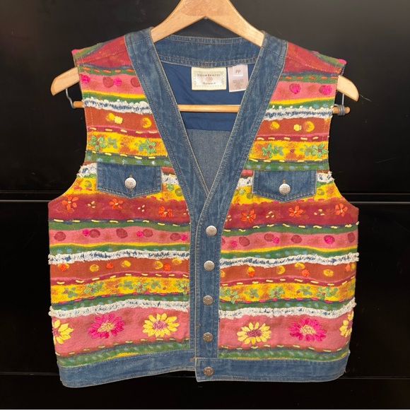 Susan Bristol Jackets & Blazers - Vintage Susan Bristol Flower Power Denim Vest